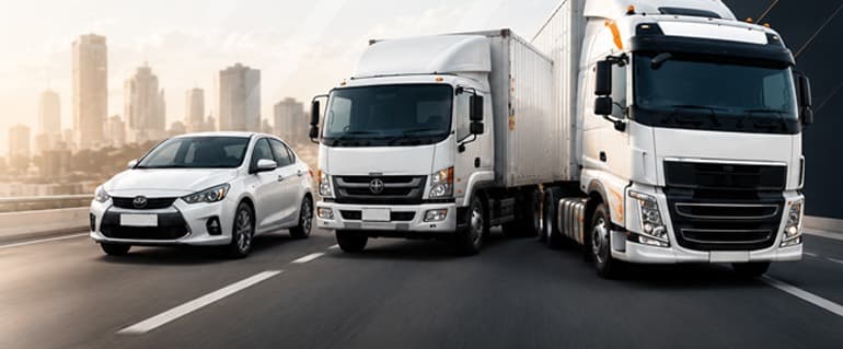 Car, medium rigid truck and heavy combination truck driving on a highway